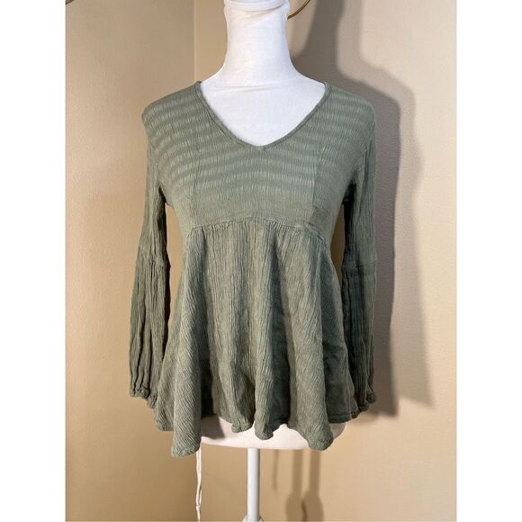 Sim & Sam Green Ruched Fabric Long Sleeve Boho Top Small - Picture 1 of 8